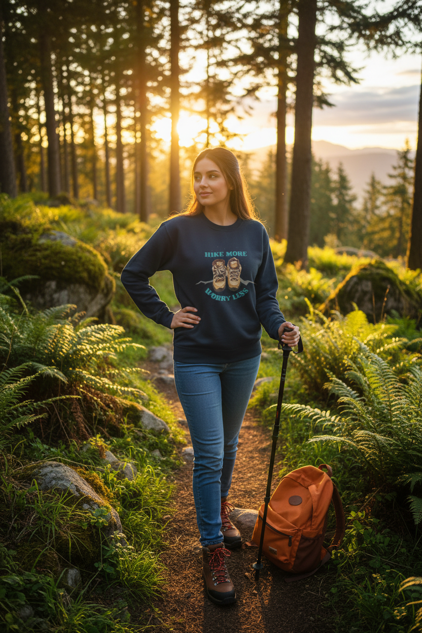 Hike More, Worry Less Sweatshirt- Cozy Hiking Crewneck for Outdoor Lovers