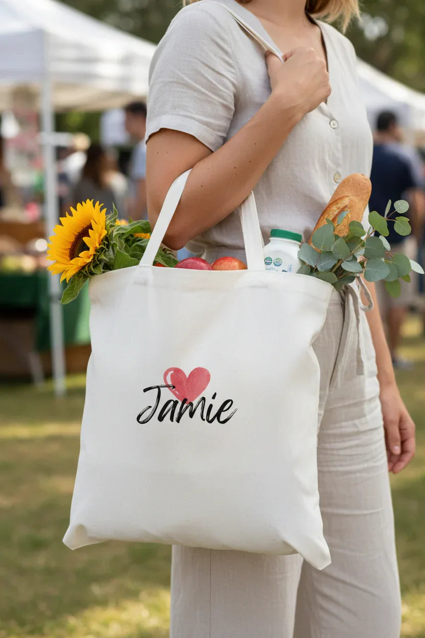Personalised Heart Tote Bag | Add Any Name | Cute Custom Gift - Alley Crafters