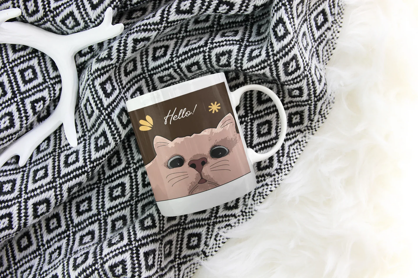 Cute Cat Hello Mug - 11oz White Coffee Cup for Cat Lovers - Alley Crafters