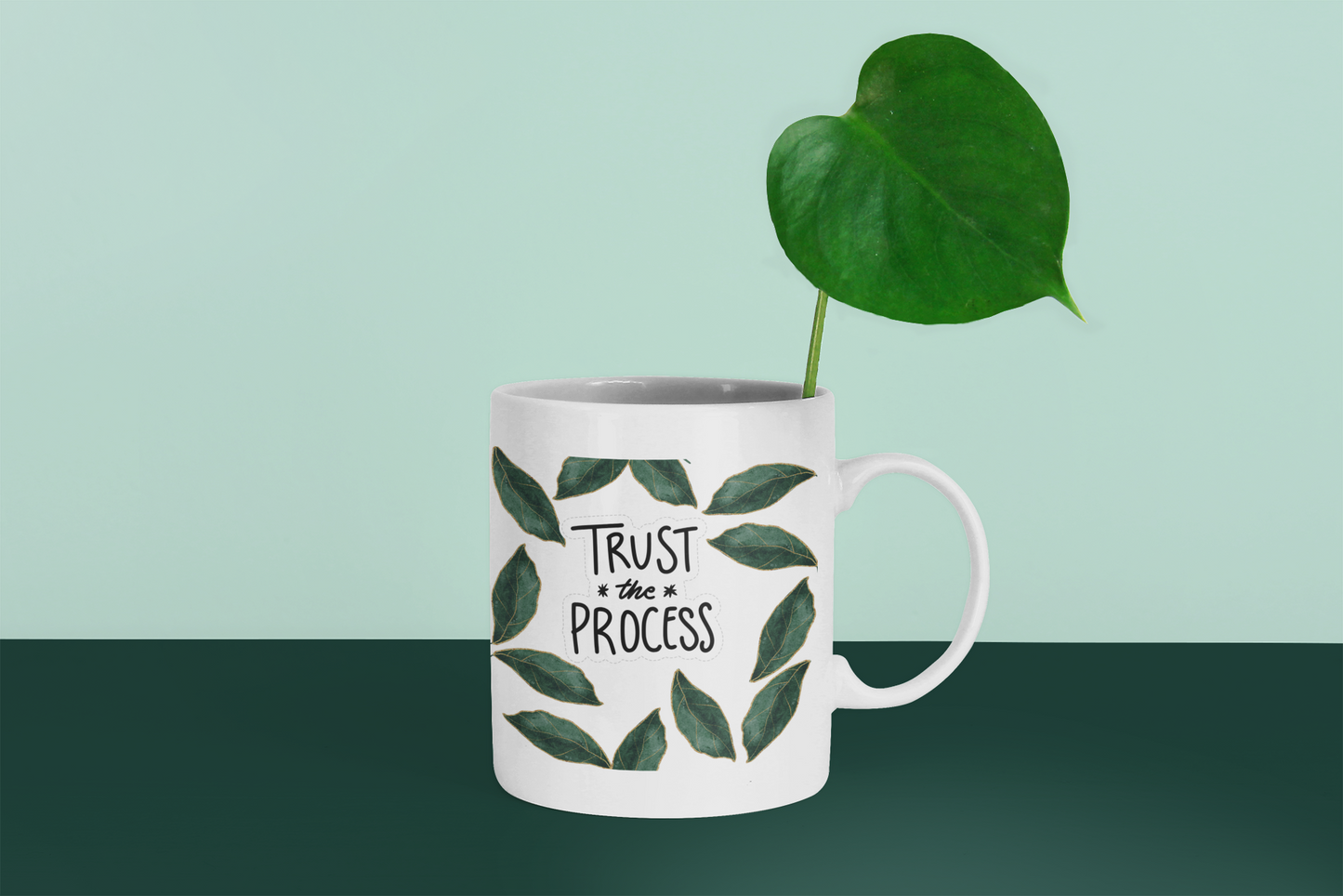 Trust the Process Inspirational Mug – 11oz White Coffee Cup with Leaf Design