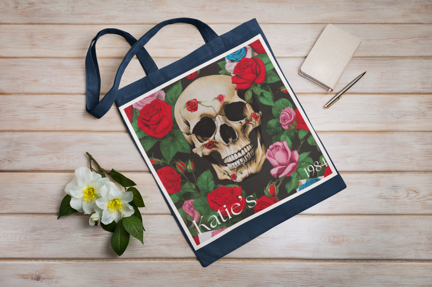 Personalised Name/Year Skull Floral Cotton Tote Bag