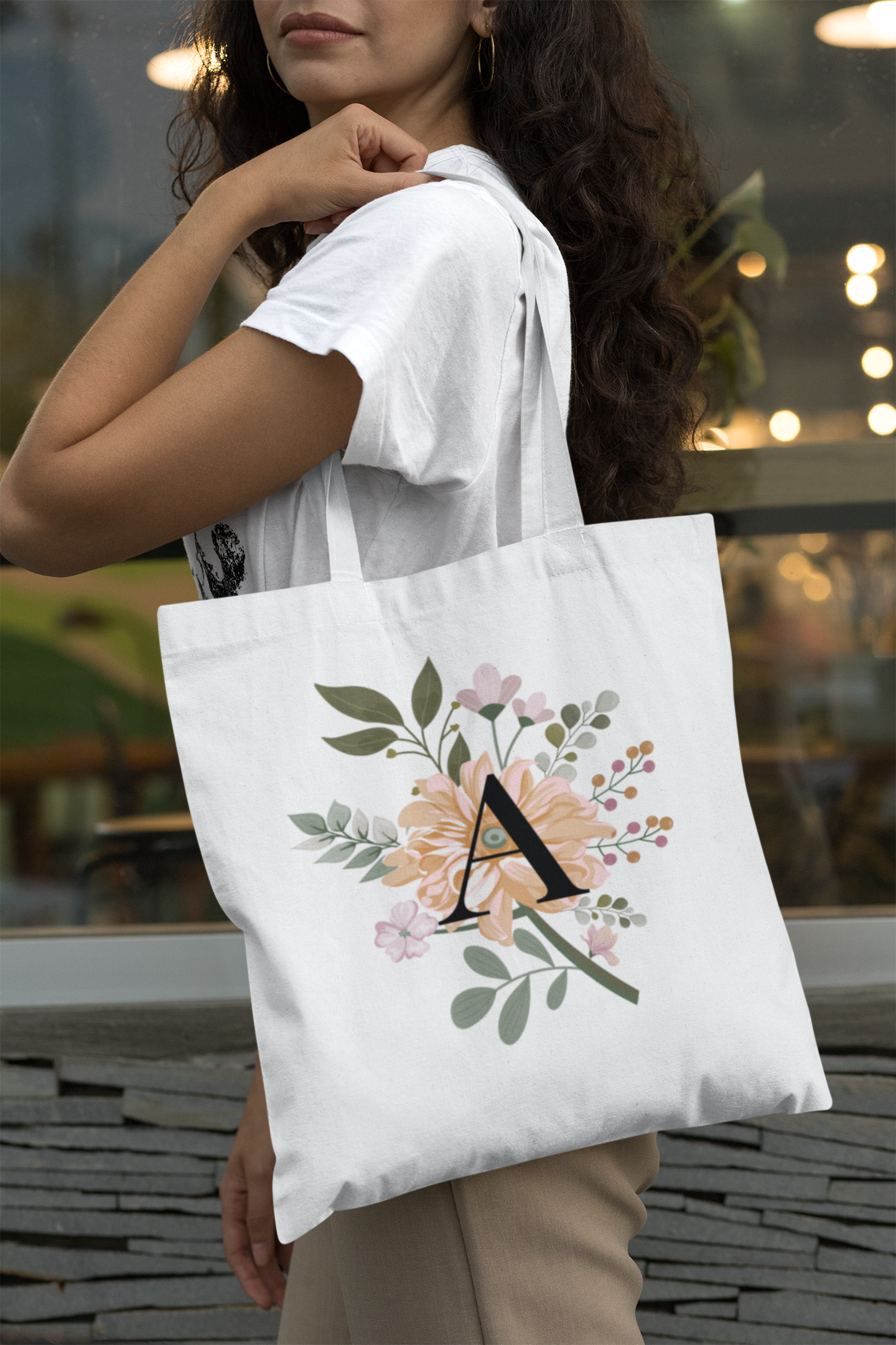 Floral Initial Tote Bag