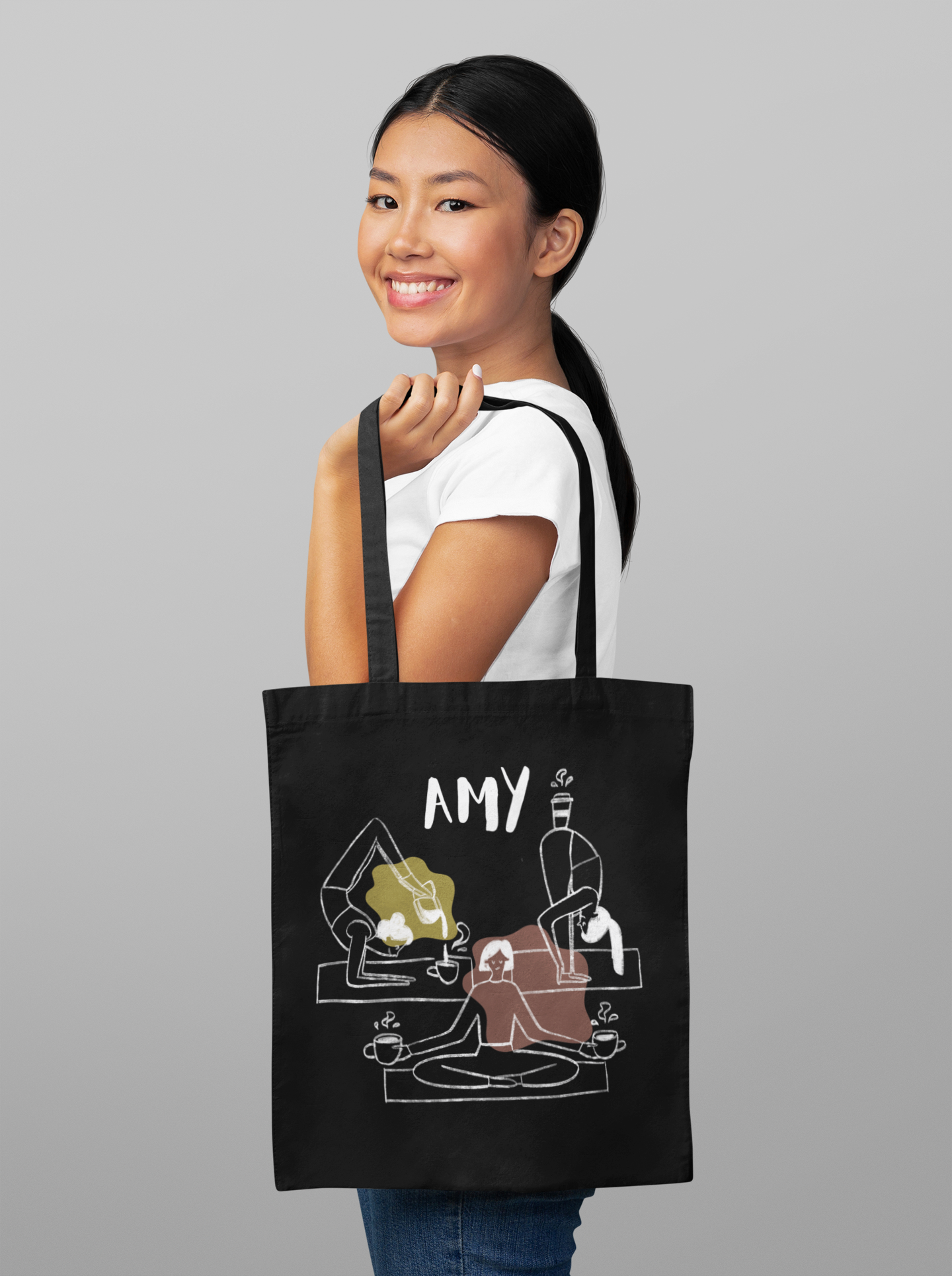 Personalized Yoga Tote Bag with Custom Name – Minimalist Line Drawing Design