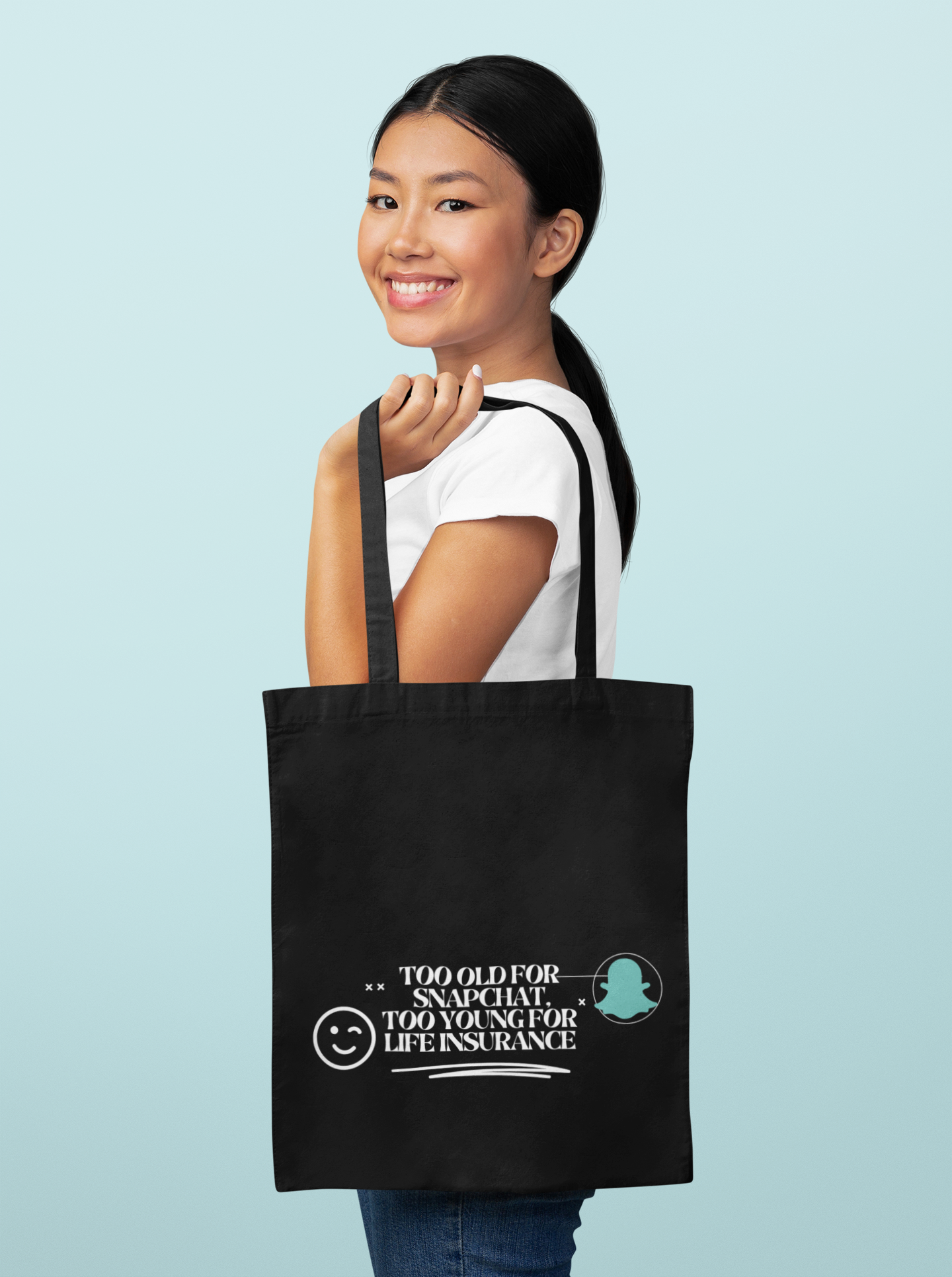 Funny Canvas Tote Bag - 'Too Old for Snapchat, Too Young for Life Insurance'