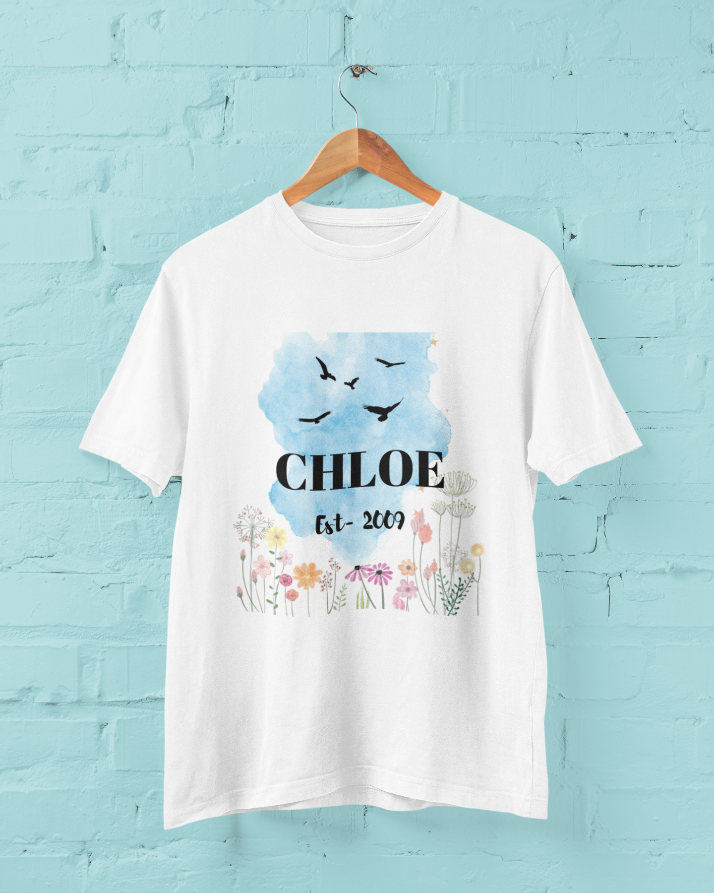 Personalised Name T Shirt with Year of Establishment and Flowers, Unisex Heavy Cotton Tee for Men and Women, Custom Tee, Personalized T