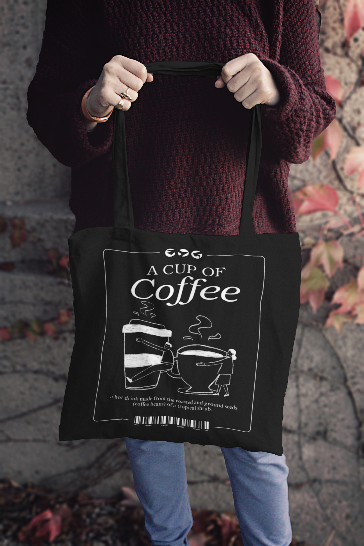 Coffee Lovers Canvas Tote Bag with strap colour option - 'A Cup of Coffee' Design