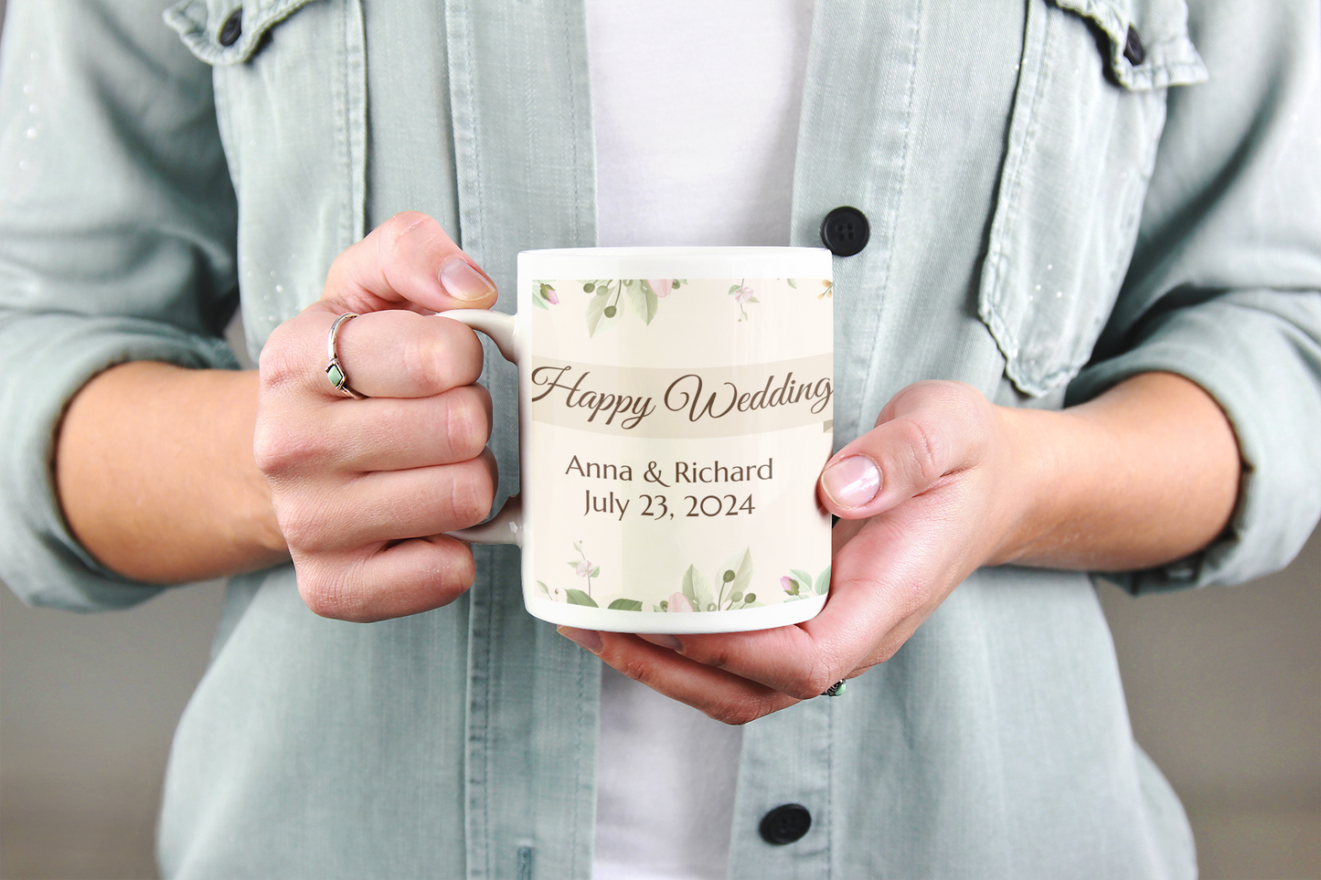 Coffee Mug - Happy Wedding Custom Cup with Names & Date, 11oz or 15oz