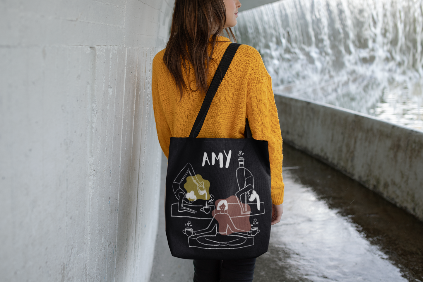 Personalized Yoga Tote Bag with Custom Name – Minimalist Line Drawing Design