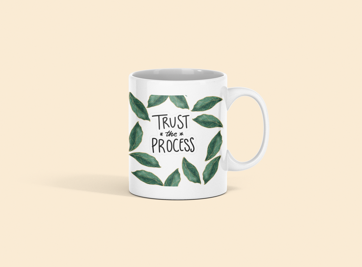 Trust the Process Inspirational Mug – 11oz White Coffee Cup with Leaf Design