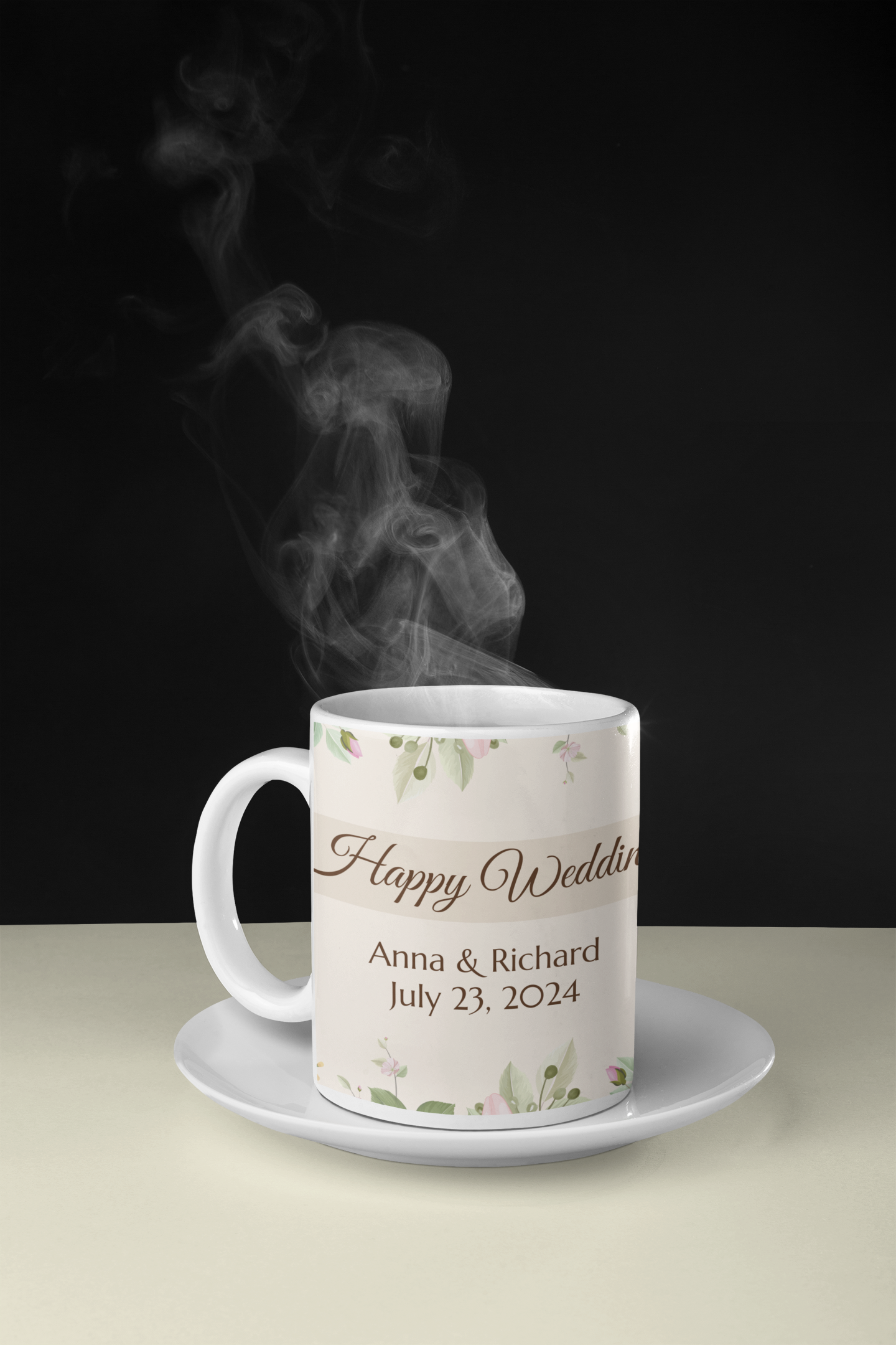 Coffee Mug - Happy Wedding Custom Cup with Names & Date, 11oz or 15oz