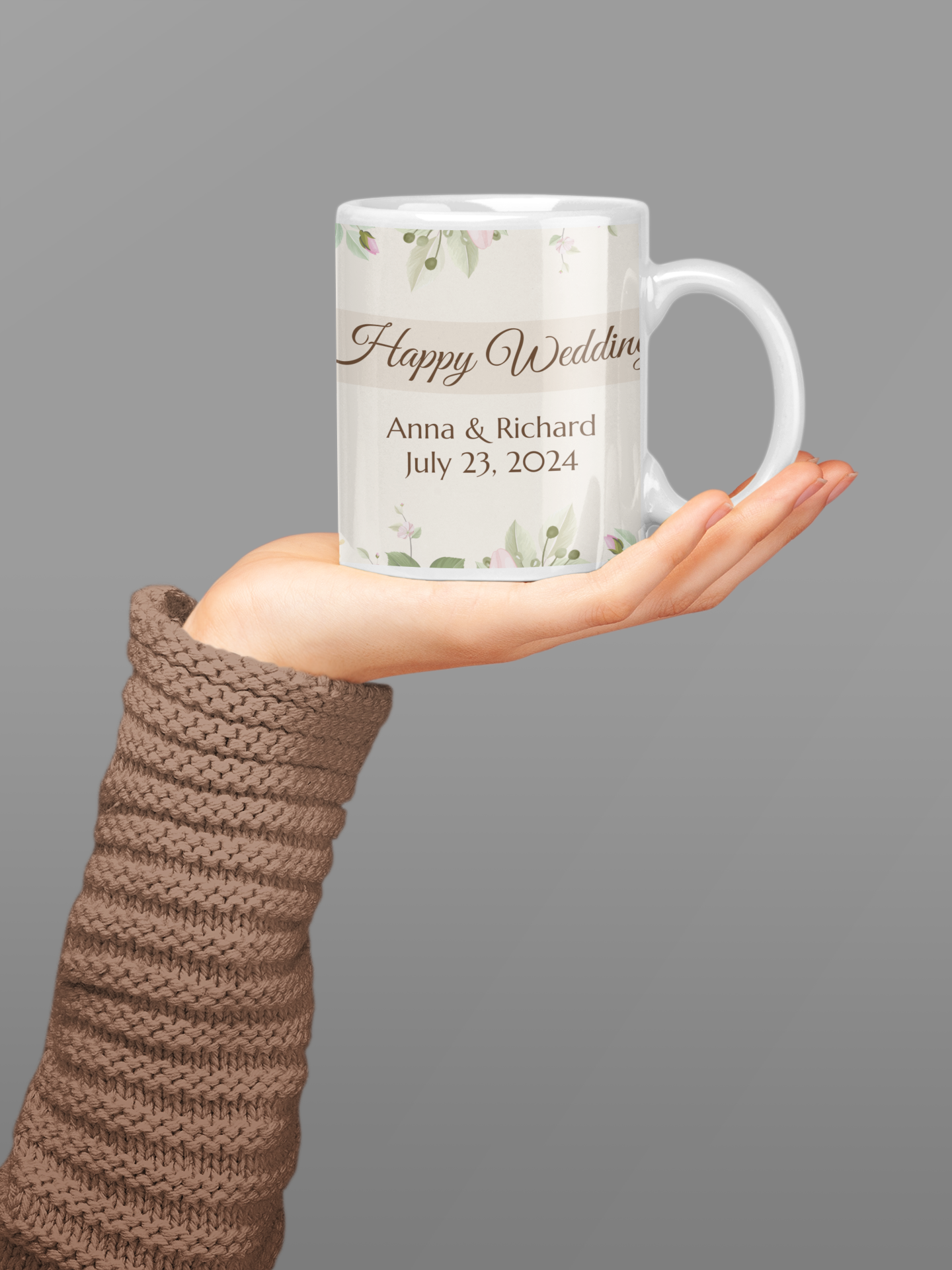Coffee Mug - Happy Wedding Custom Cup with Names & Date, 11oz or 15oz
