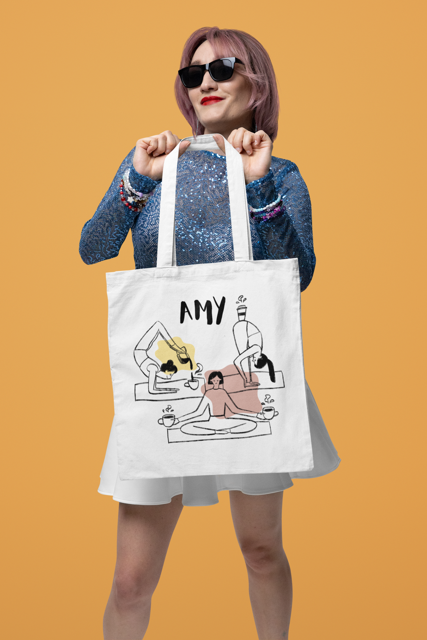 Personalized Yoga Tote Bag with Custom Name – Minimalist Line Drawing Design