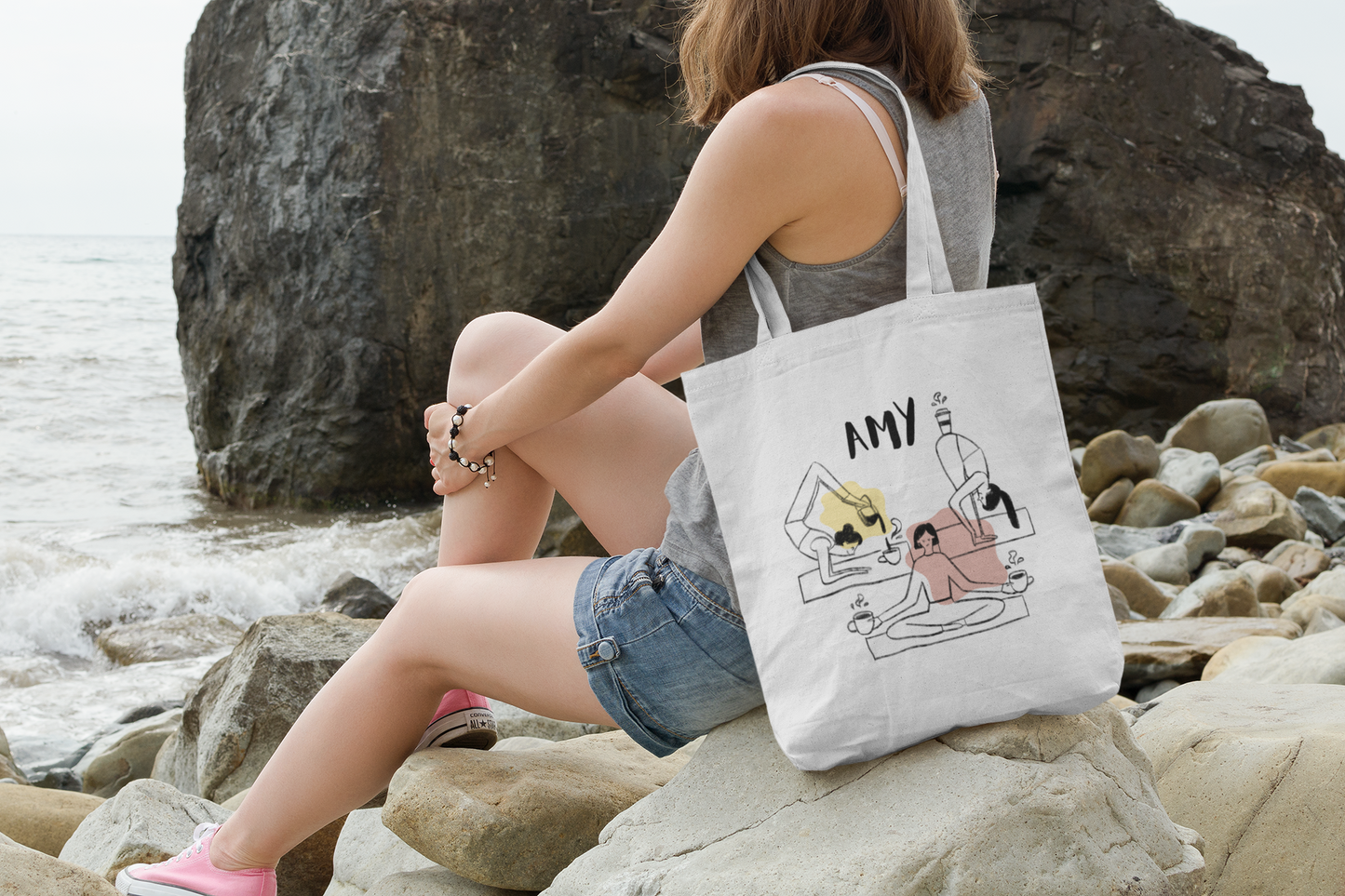 Personalized Yoga Tote Bag with Custom Name – Minimalist Line Drawing Design
