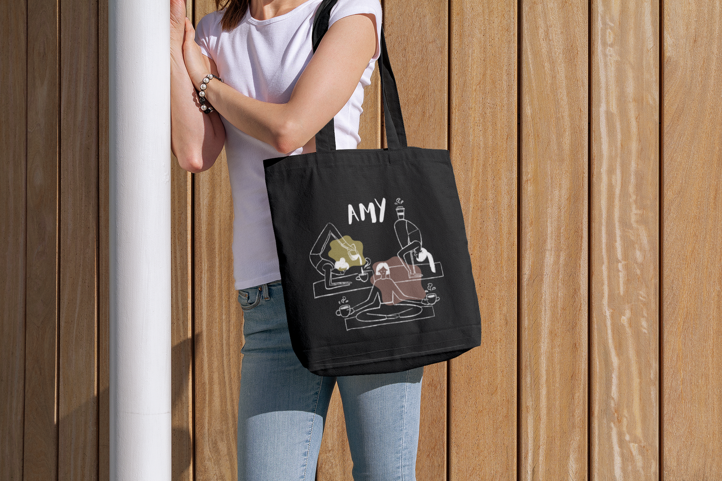 Personalized Yoga Tote Bag with Custom Name – Minimalist Line Drawing Design