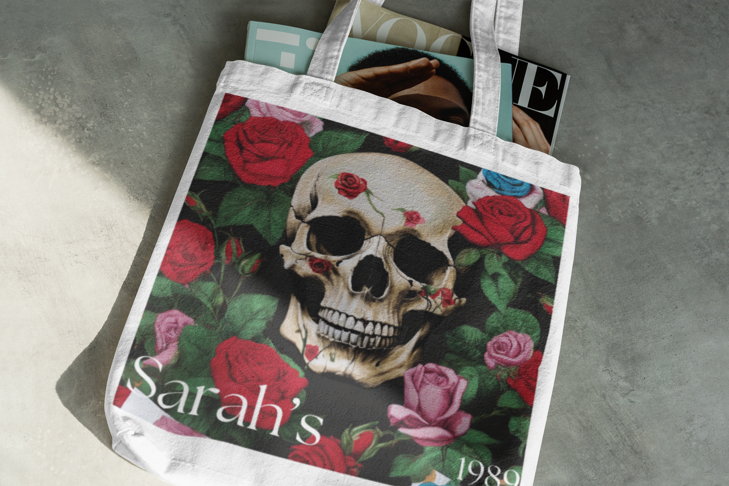 Personalised Name/Year Skull Floral Cotton Tote Bag