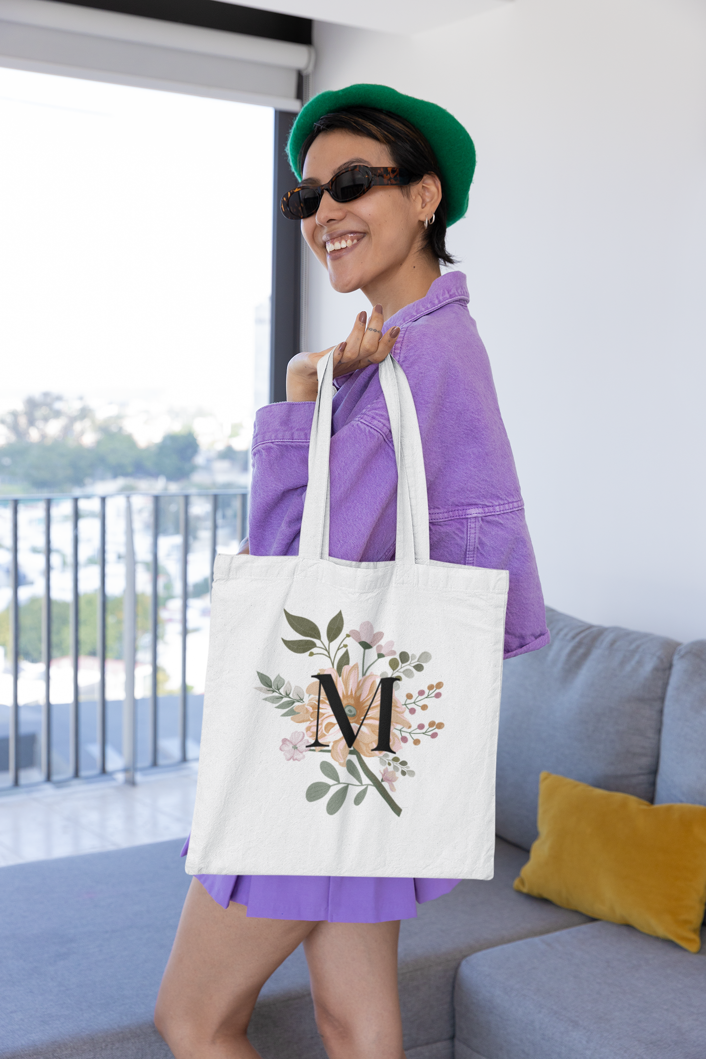 Floral Initial Tote Bag