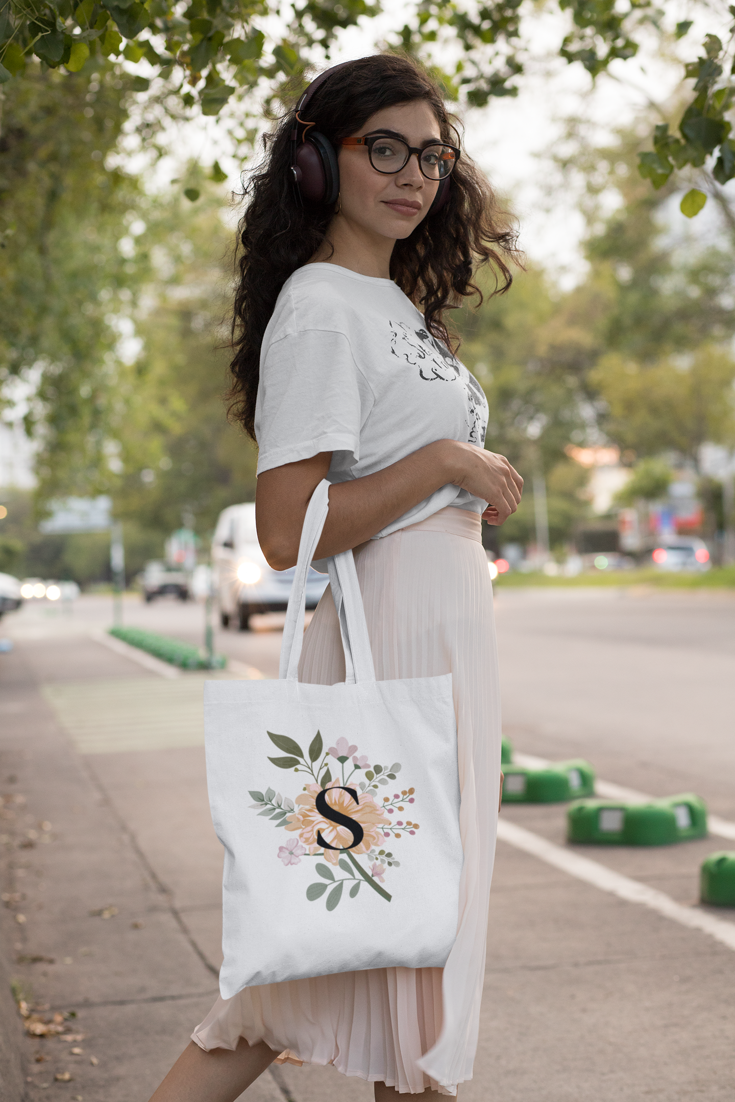 Floral Initial Tote Bag