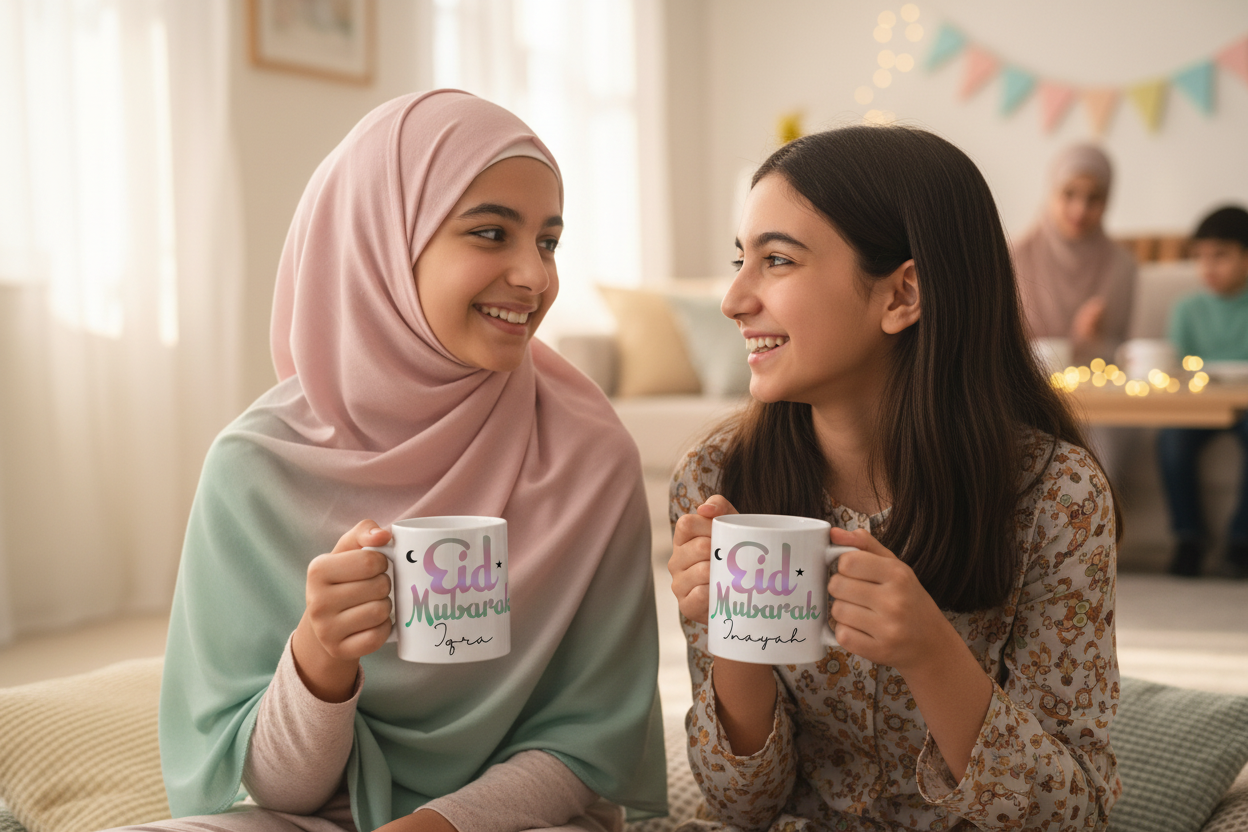 Two teenagers holding Eid mugs