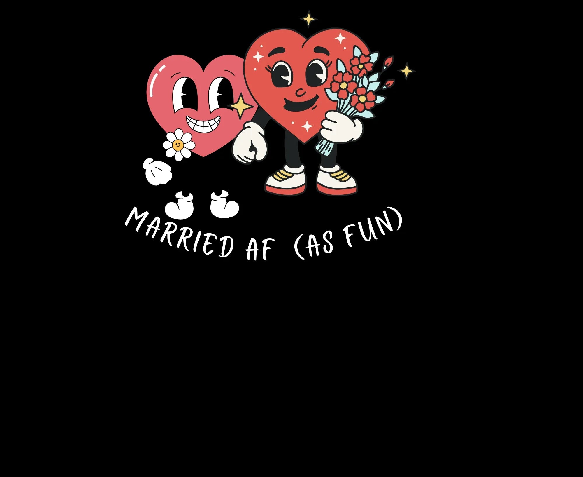 Black hoodie sweatshirt with red heart cartoon graphic and 'Married AF (as fun)'