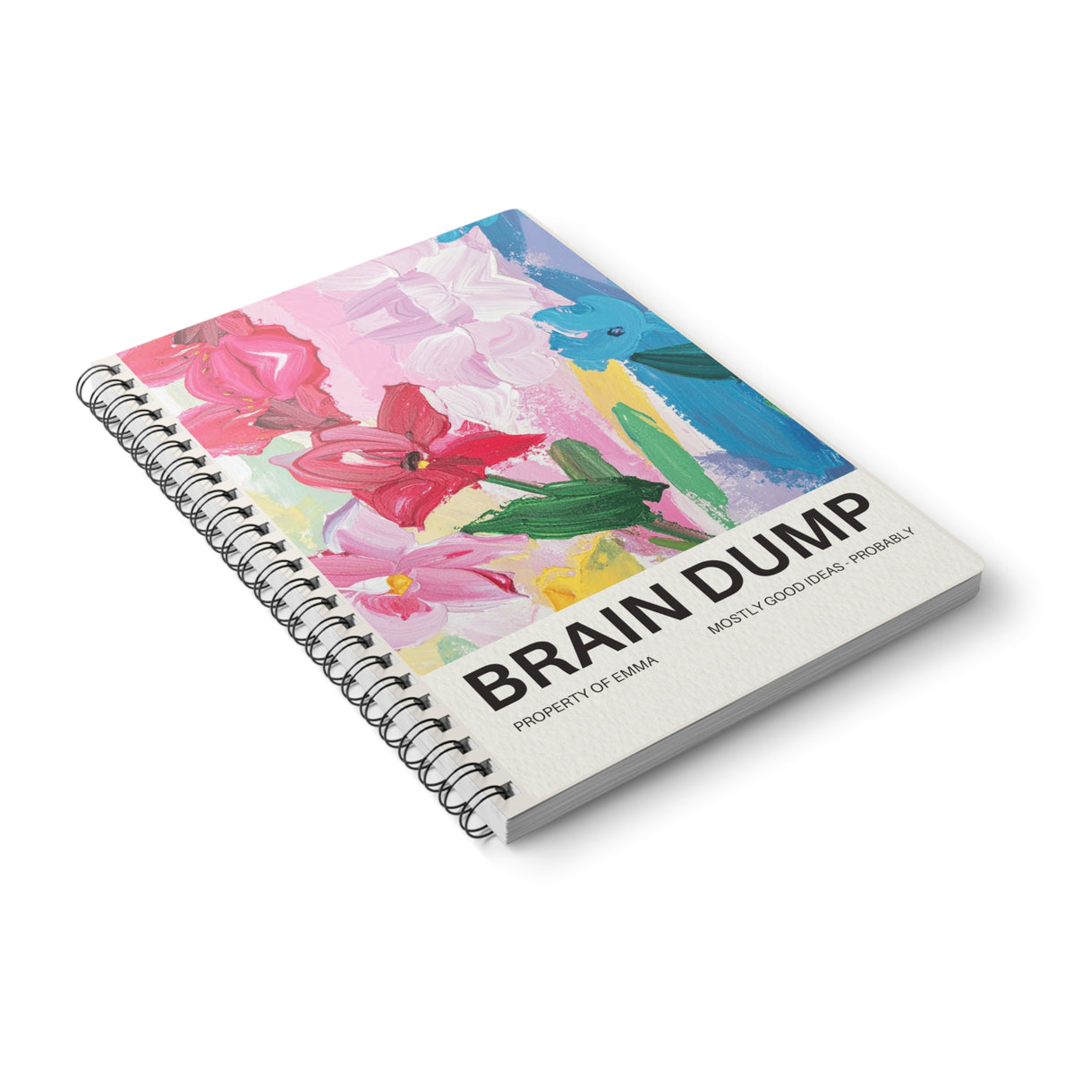 A5 spiral notebook, angled view, colorful floral cover with black spiral binding