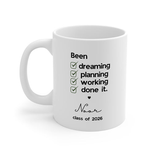 White graduation mug with checklist text, "Noor", and "Class of 2026".