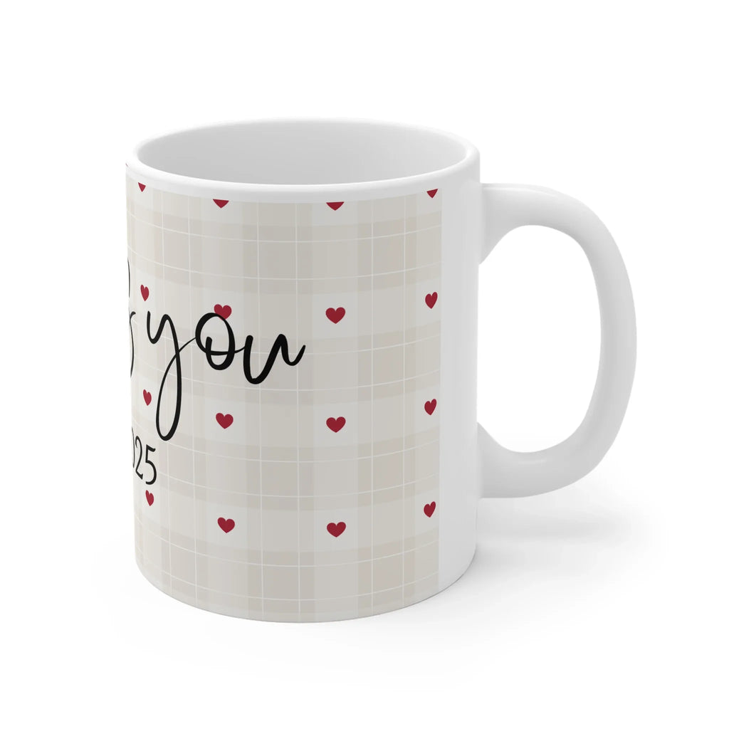 Anniversary mug in white with red hearts and partial 'Always you' script on front