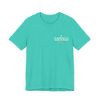 Teal unisex t-shirt with “Teaching is a work of heart” heart-and-text graphic