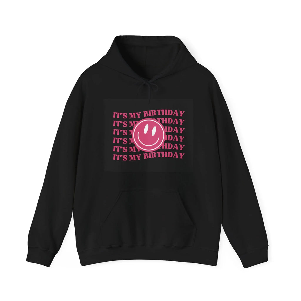 Black hooded sweatshirt with pink birthday text and black smiley logo