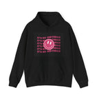 Black hooded sweatshirt with pink birthday text and black smiley logo