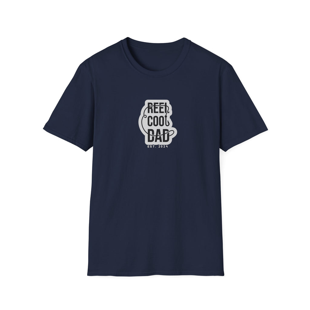 Navy crewneck graphic T-shirt with green 'REEL COOL DAD' logo, EST 2024