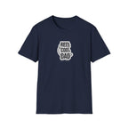 Navy crewneck graphic T-shirt with green 'REEL COOL DAD' logo, EST 2024