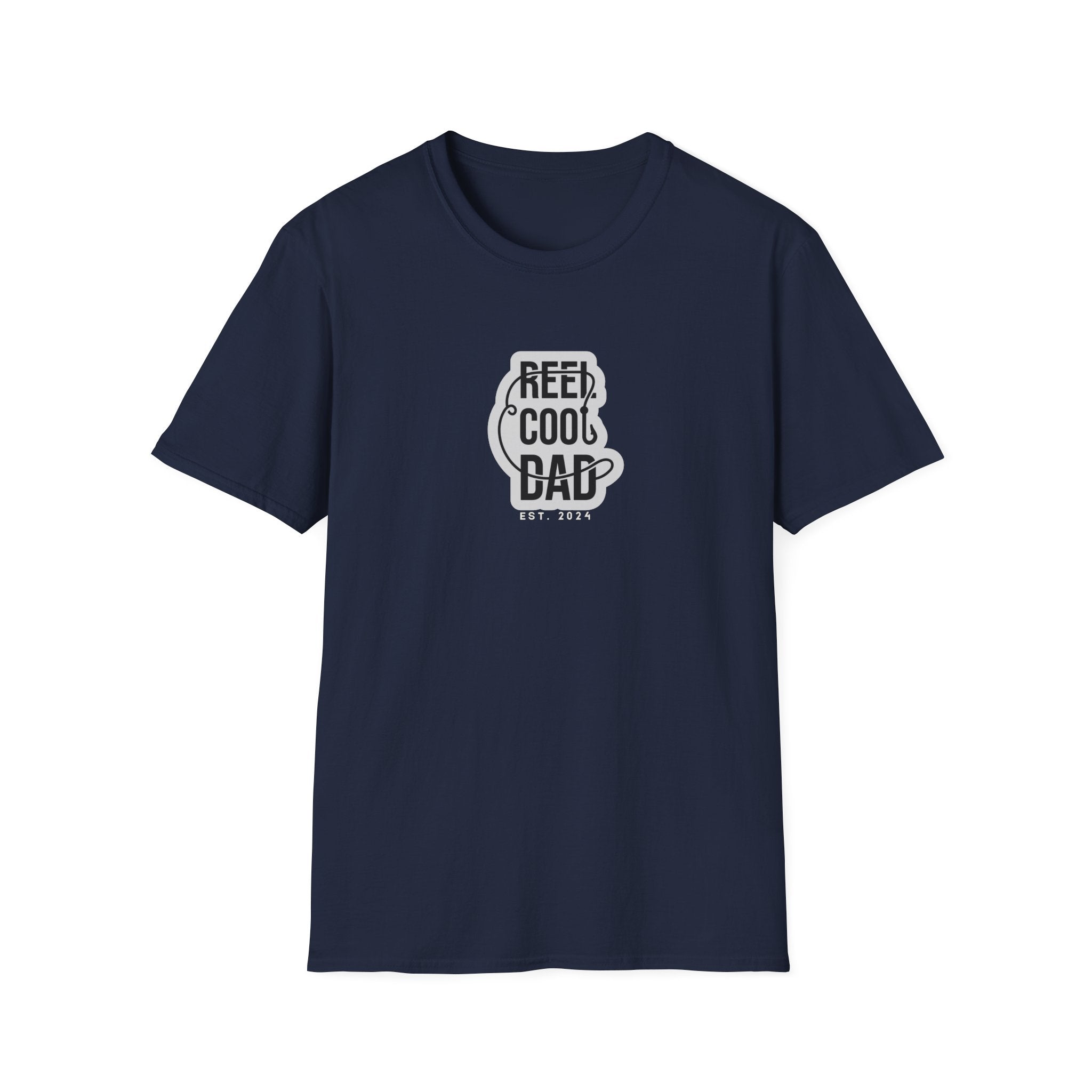 Navy crewneck graphic T-shirt with green 'REEL COOL DAD' logo, EST 2024