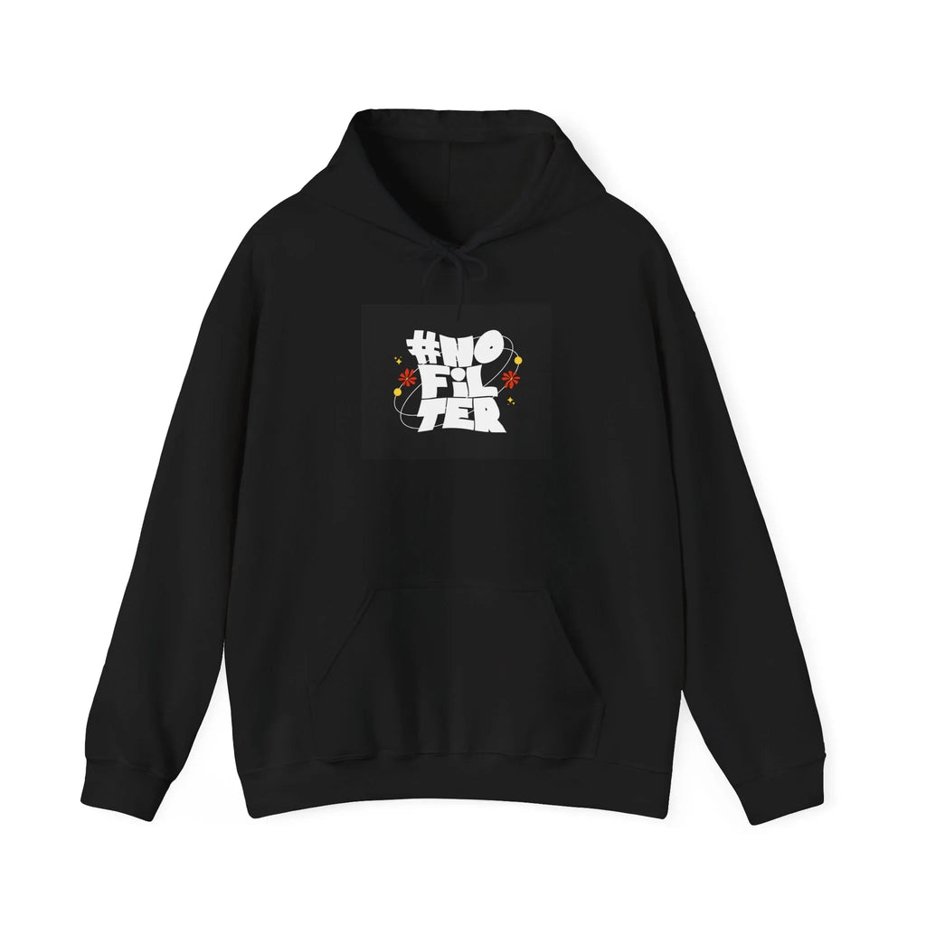 Black unisex slogan hoodie with hood and front kangaroo pocket.