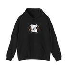 Black unisex slogan hoodie with hood and front kangaroo pocket.