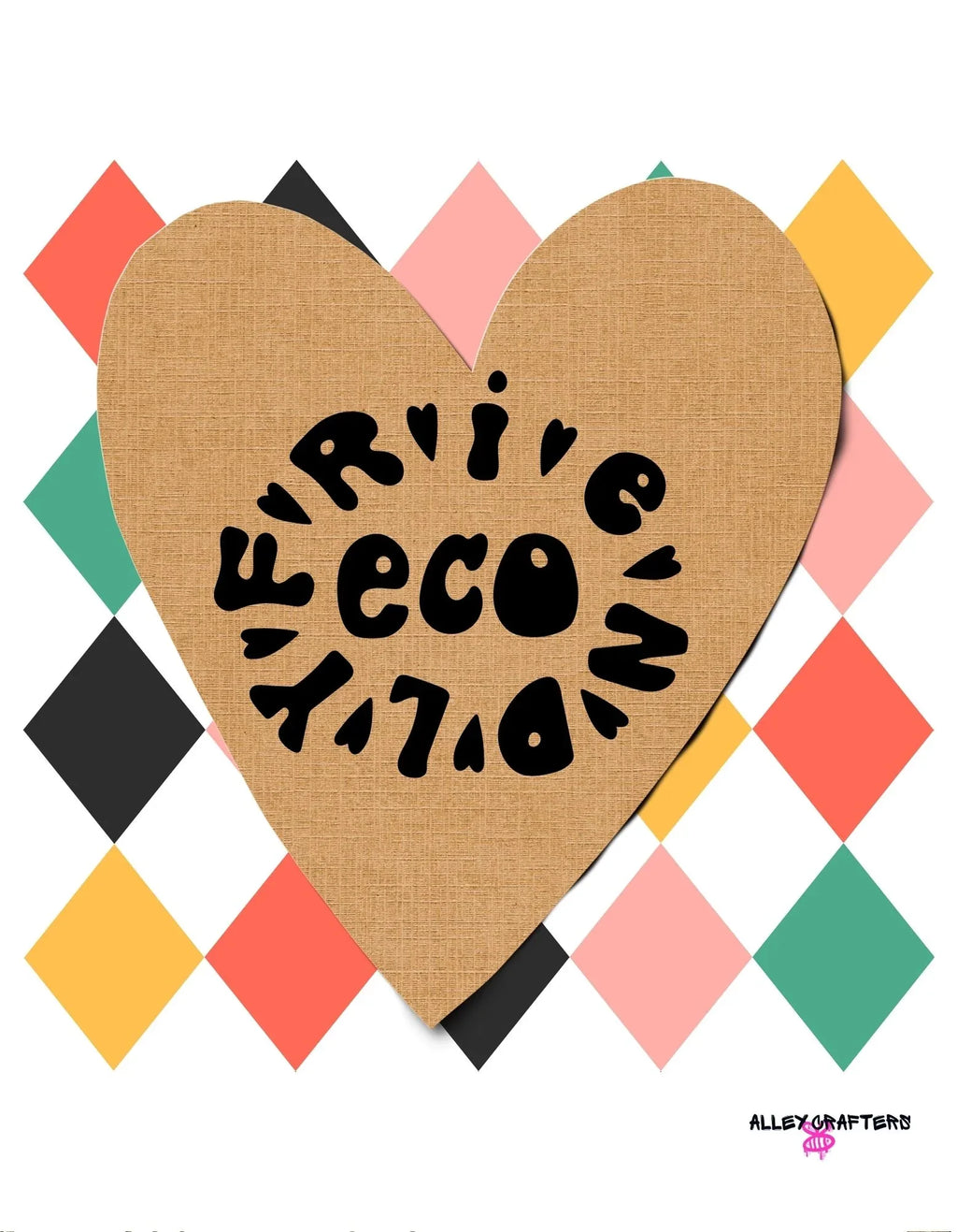 White heart-print tote bag close-up with tan heart graphic and multicolor diamond background
