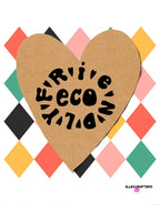 White heart-print tote bag close-up with tan heart graphic and multicolor diamond background