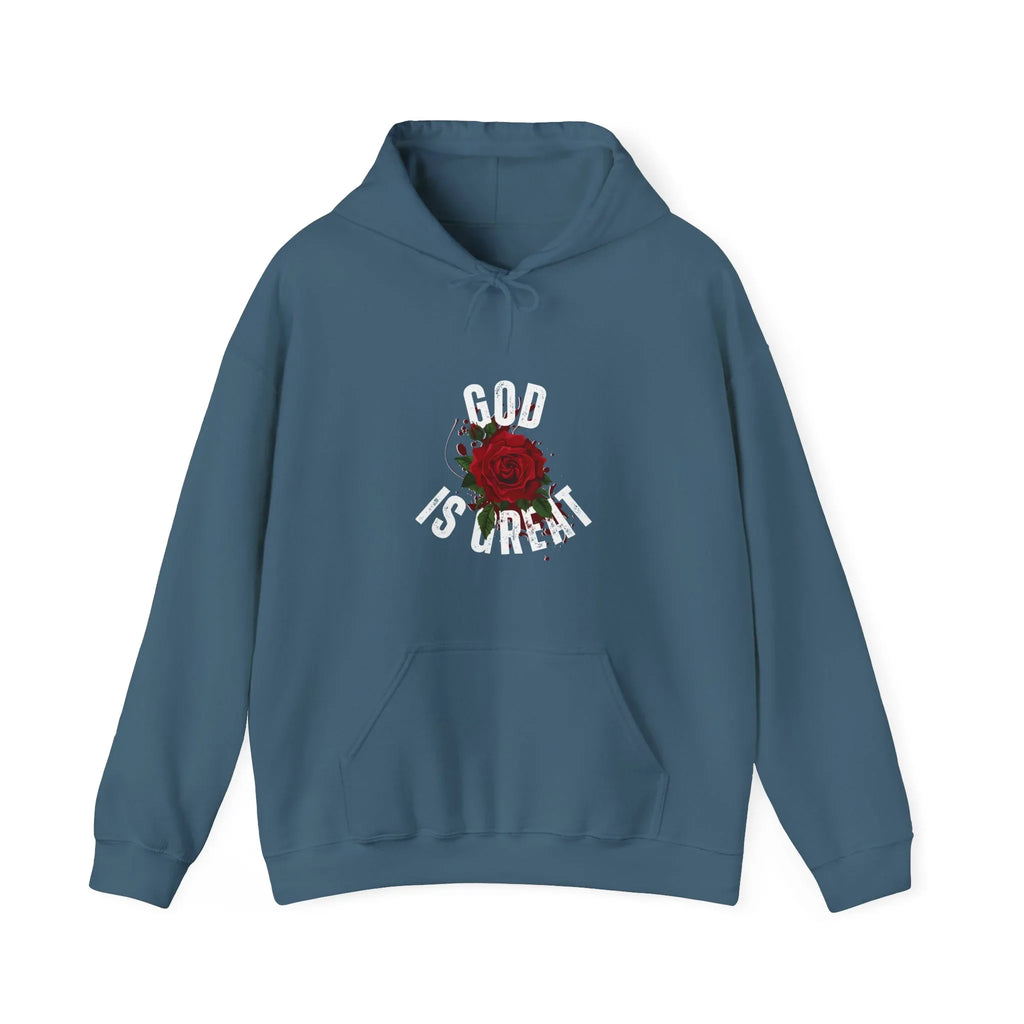 Blue hooded sweatshirt with kangaroo pocket and centered 'GOD IS GREAT' rose design