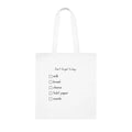 White tote bag with 'Don't forget to buy' checklist: milk, bread, cheese, toilet paper, snacks.