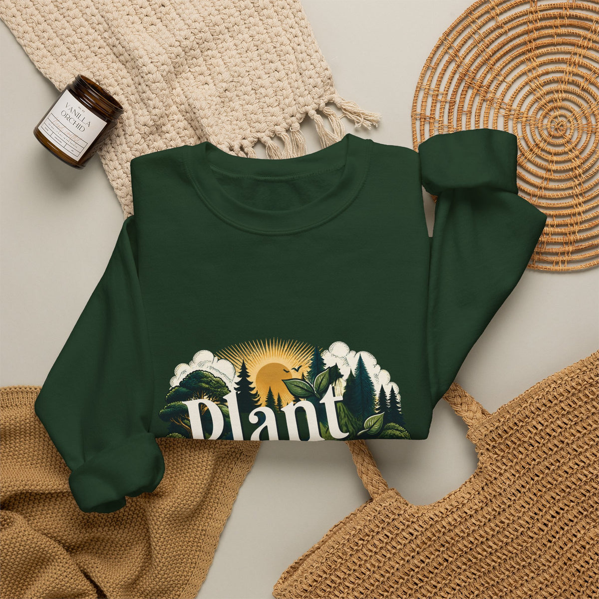 Forest green crewneck sweatshirt with tree and forest graphic on front