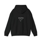 Black pullover hoodie sweatshirt with hood and "FAITH first" chest print