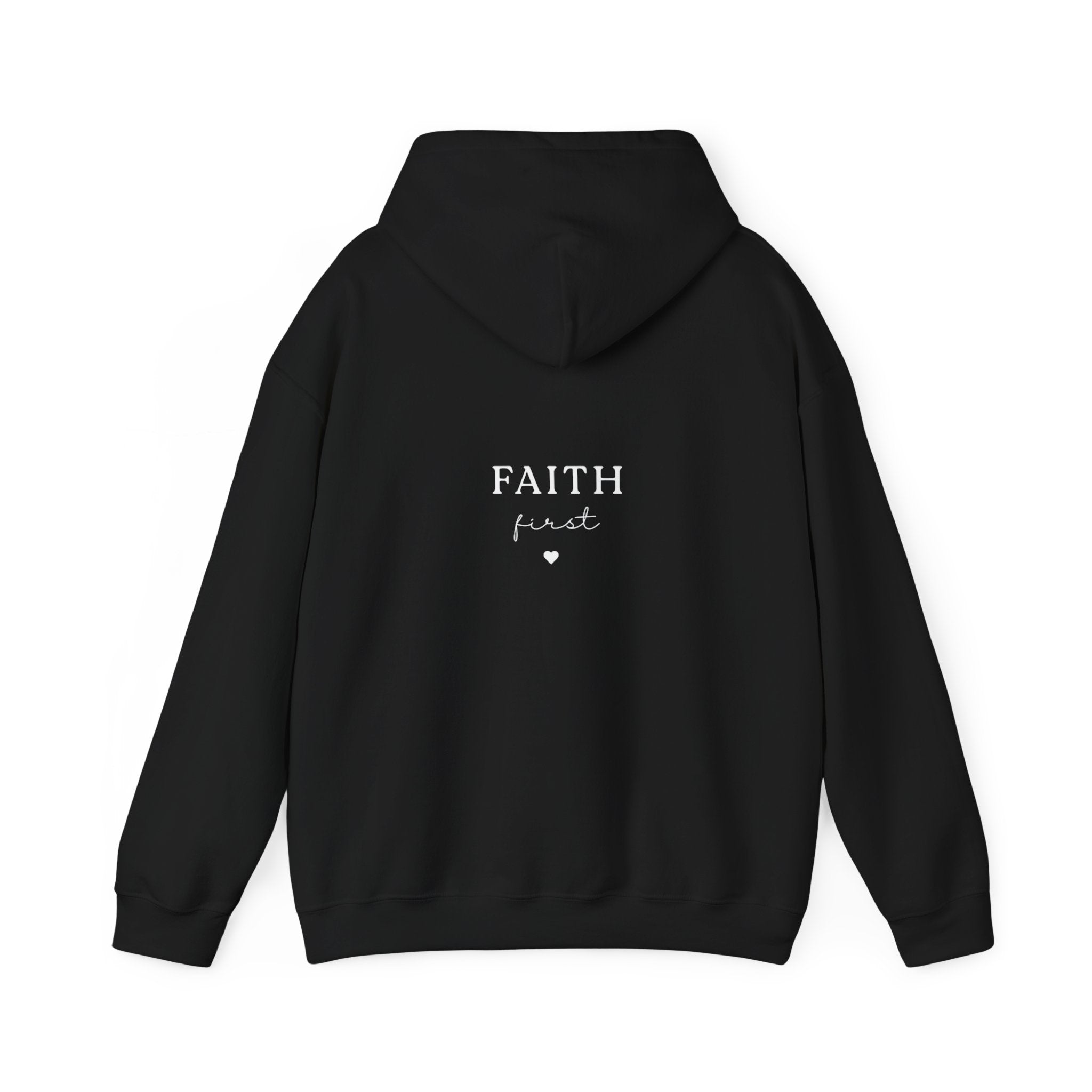 Black pullover hoodie sweatshirt with hood and "FAITH first" chest print