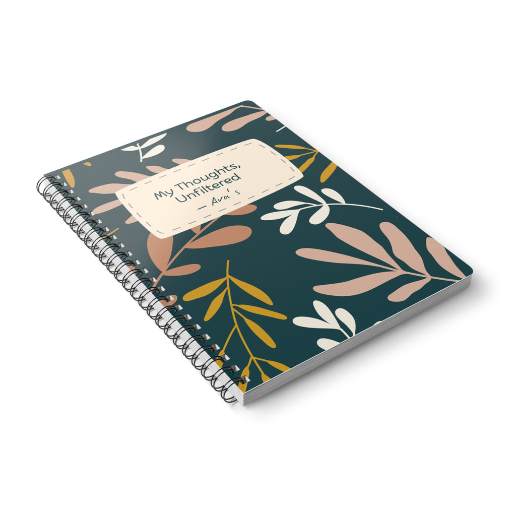 A5 spiral notebook with teal floral cover and label reading My Thoughts, Unfiltered