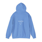 Carolina blue pullover hoodie sweatshirt, back view with "FAITH first" logo print