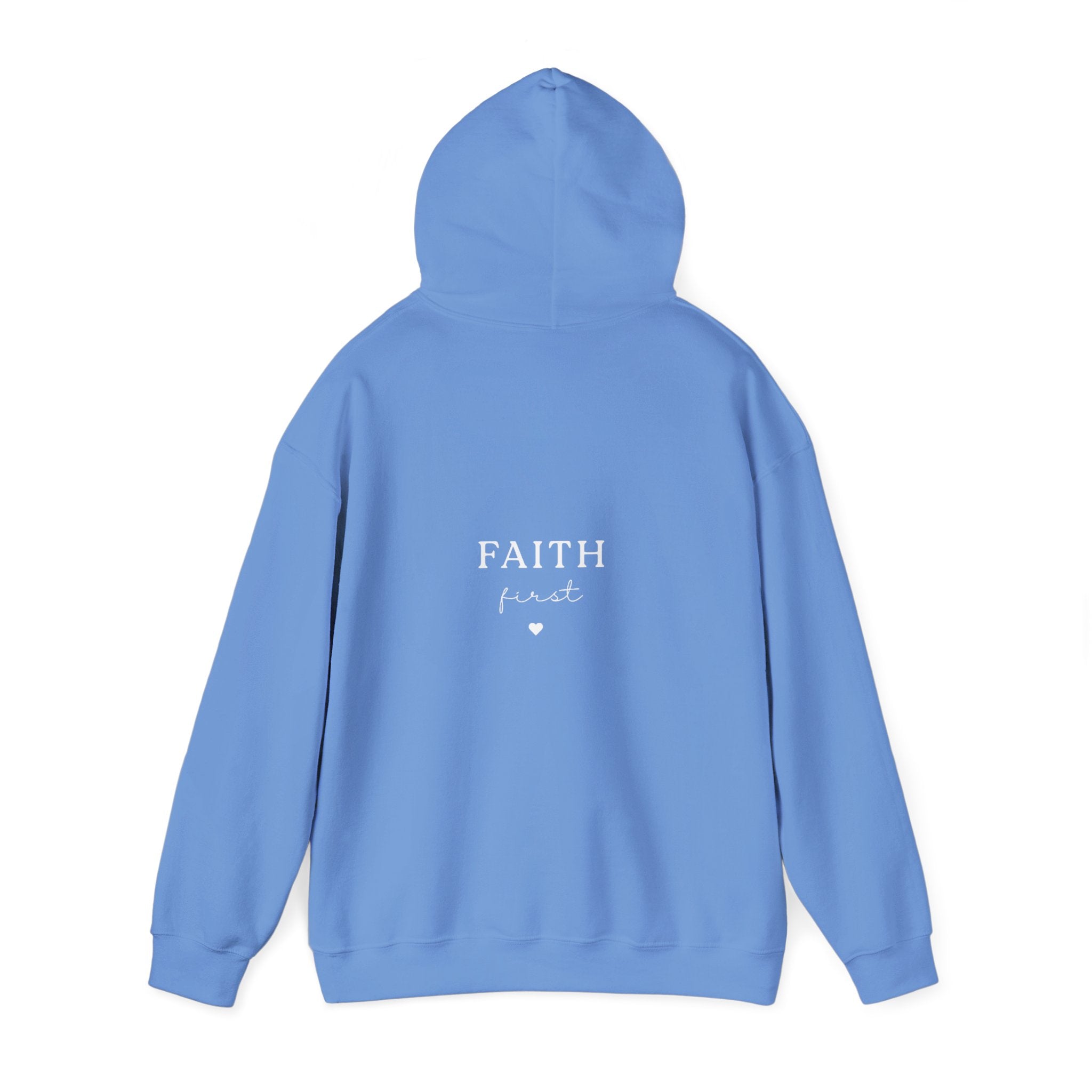 Carolina blue pullover hoodie sweatshirt, back view with "FAITH first" logo print