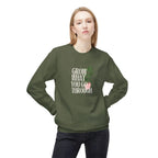 Olive green crewneck sweatshirt with chest slogan graphic