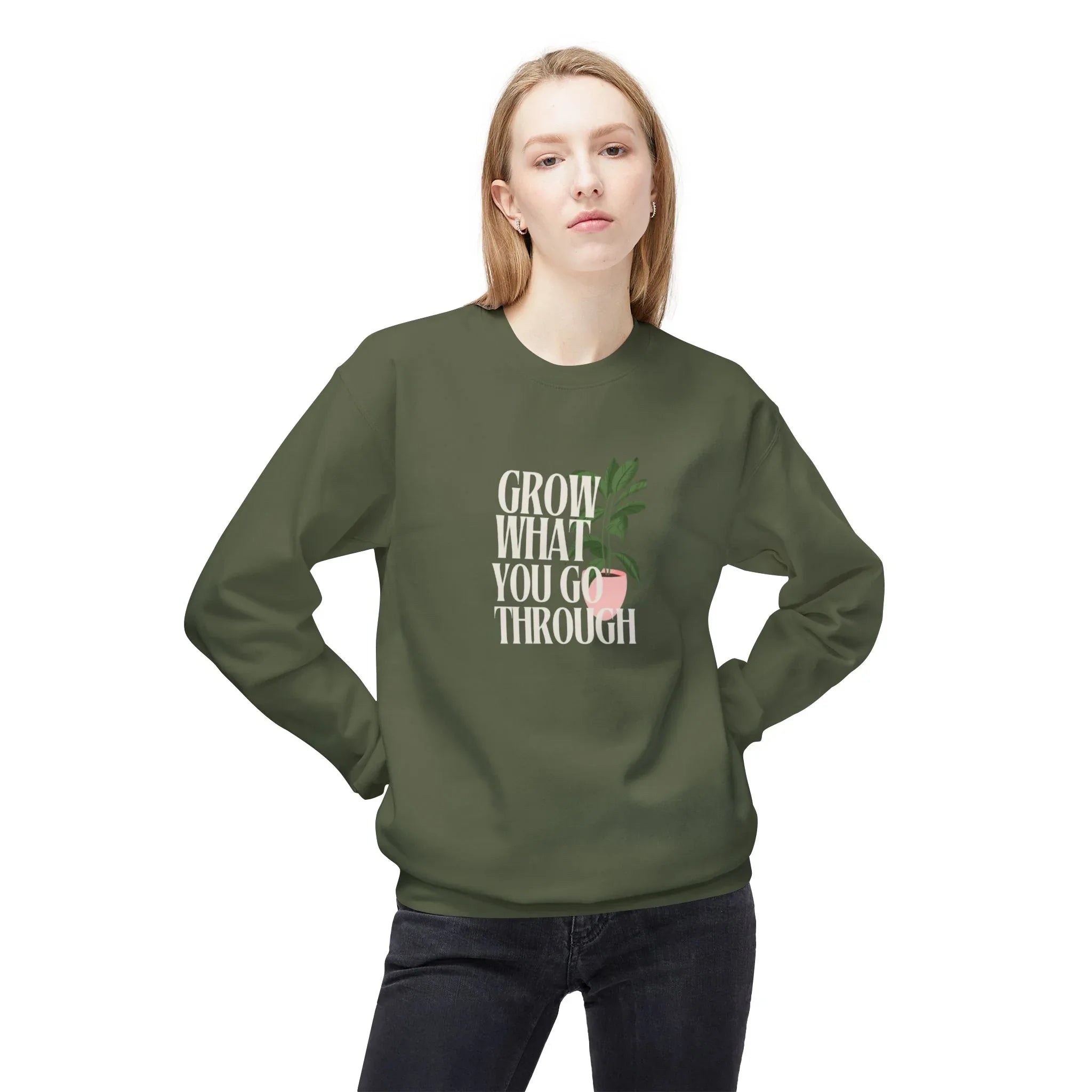 Olive green crewneck sweatshirt with chest slogan graphic