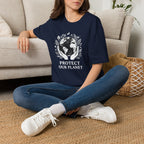 Navy T-shirt with globe laurel graphic: 'PROTECT OUR PLANET'