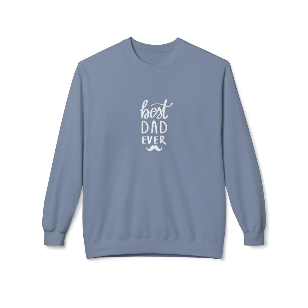 Blue crewneck sweatshirt with 'best DAD ever' graphic on the chest
