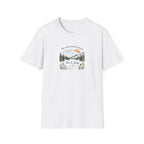 White t-shirt with front print: “The Adventure Begins” mountain scene, Tom & Jenny, floral accents