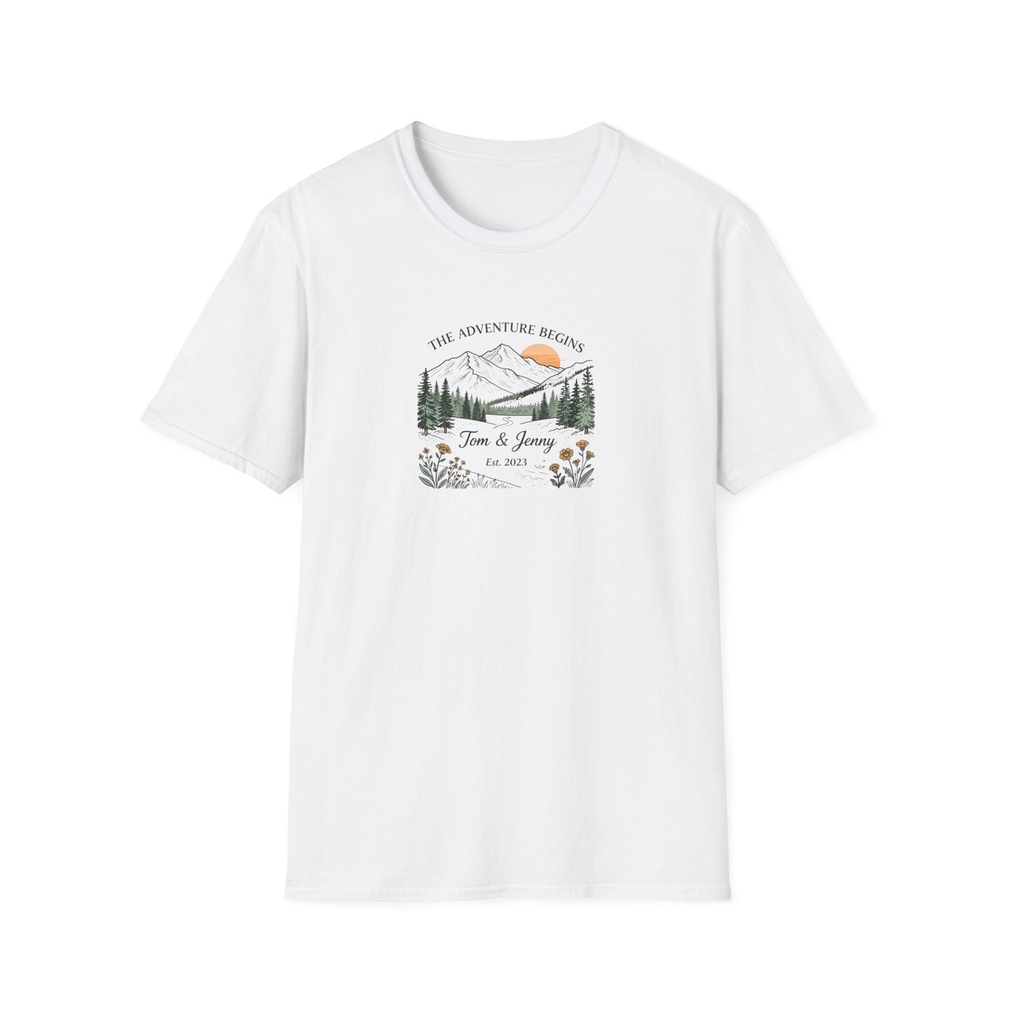 The Adventure Begins Couples T‑Shirt — Personalized Mountain Wedding / Anniversary Tee
